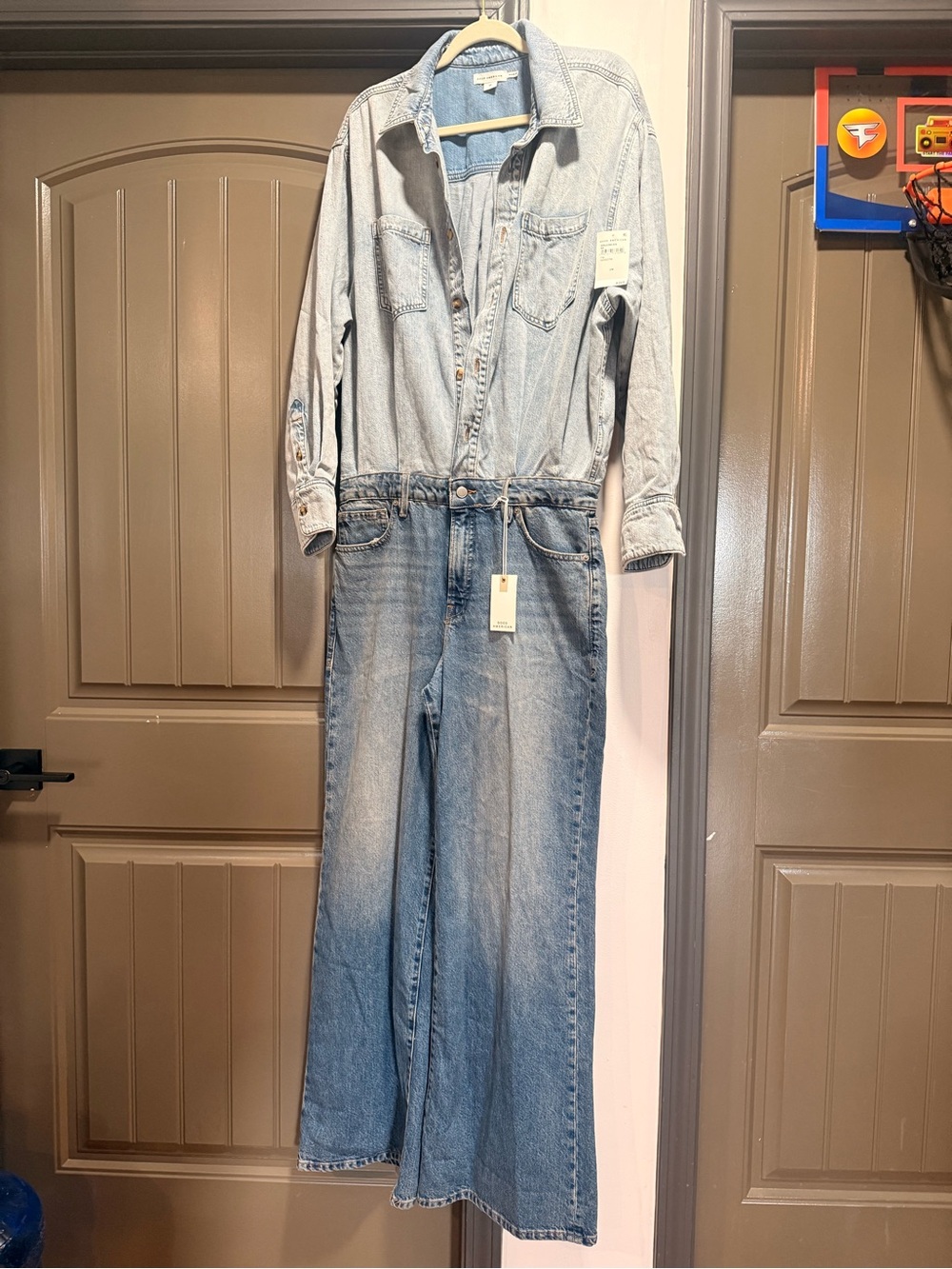 Good American Light Blue Washed Denim Wide-Leg Overalls